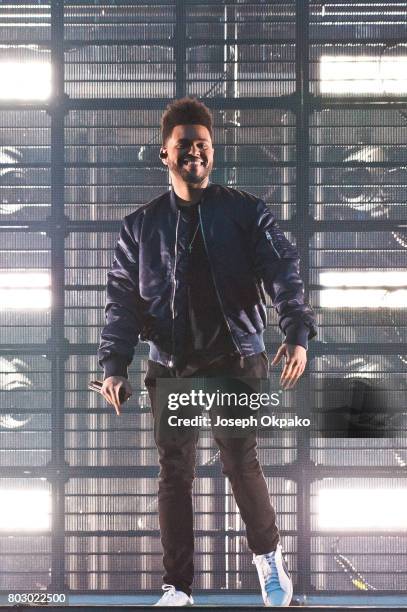 The Weeknd performs on stage on Day 5 of Roskilde Festival on June 28, 2017 in Roskilde, Denmark.