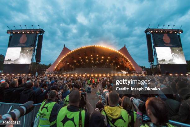 General view of the crowd as The Weeknd performs on stage on Day 5 of Roskilde Festival on June 28, 2017 in Roskilde, Denmark.