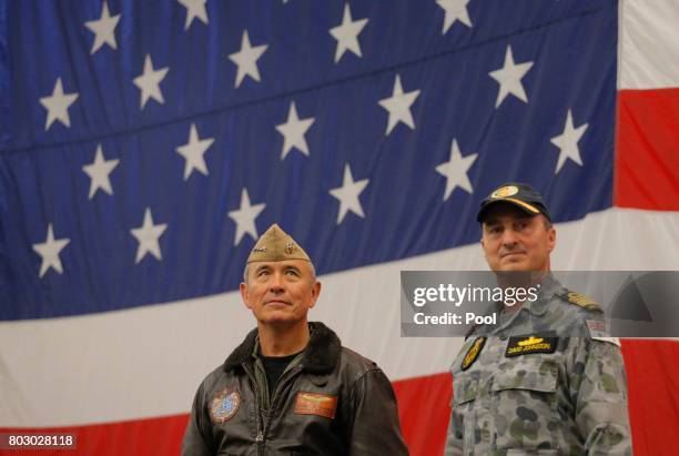 Navy Admiral Harry Harris , Commander of the U.S. Pacific Command and Australian Navy Vice Admiral David Johnston take part in a ceremony marking the...