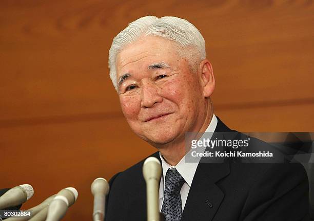 Toshihiko Fukui, Governor of Bank of Japan holds a press conference on his retirement at BOJ on March 19, 2008 in Tokyo, Japan. Governer of Bank of...