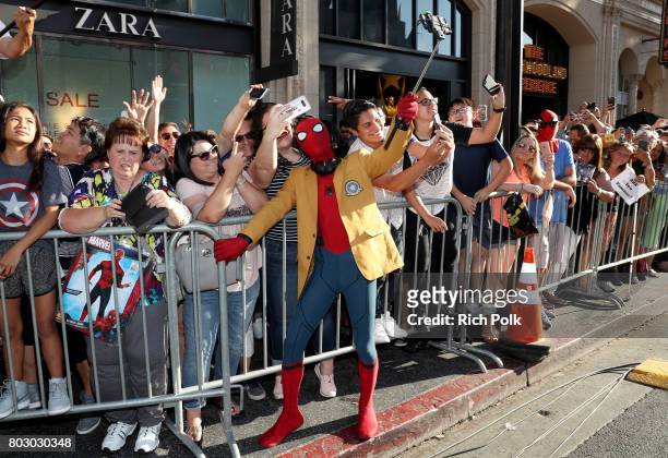 Actor dressed as Spider-Man attends the World Premiere of 'Spider-Man: Homecoming' hosted by Audi at TCL Chinese Theatre on June 28, 2017 in...