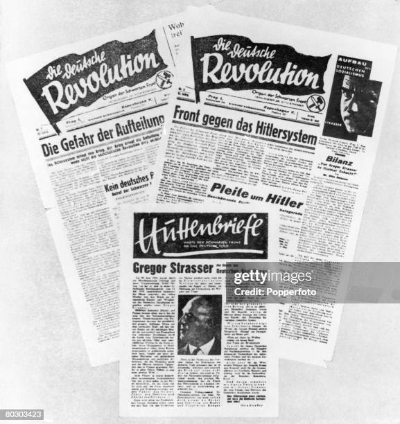 Three anti-Hitler newspapers published by exiled German dissident former member of the Nazi Party, Otto Strasser , circa 1937. The official organs of...