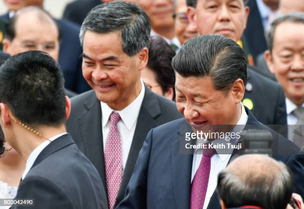 Chief Executive of Hong Kong Leung Chun-Ying and Chinese President Xi Jinping at Hong Kong International Airport on June 29, 2017 in Hong Kong....