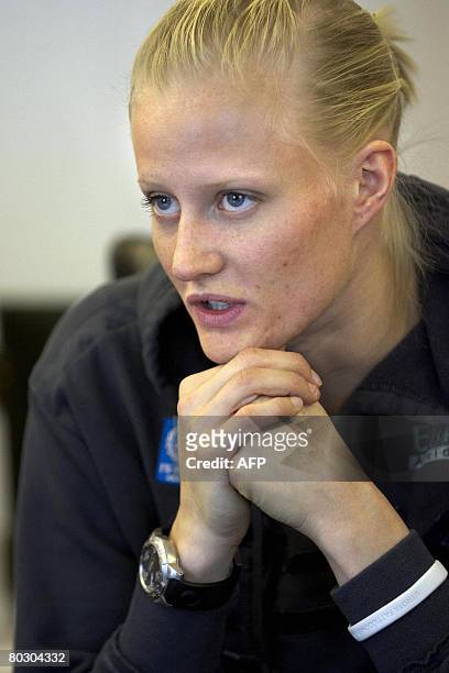 Olympic heptathlon champion Carolina Kluft of Sweden announces during a press conference in Vaxjo on March 19, 2008 she will not defend her title at...