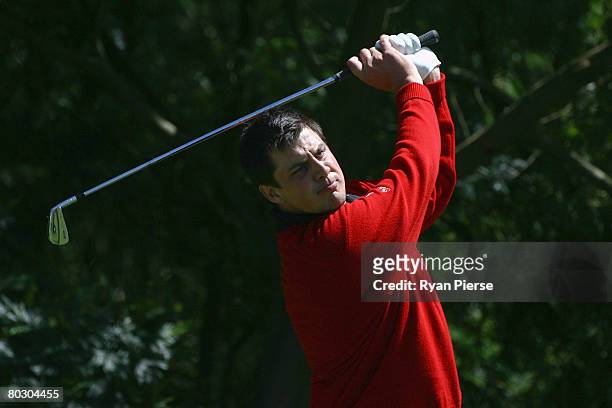 Sam Walker of England plays his tee shot during previews for the Madeira Islands Open BPI 2008 at Clube De Golf Santo Da Serra on March 19, 2008 in...