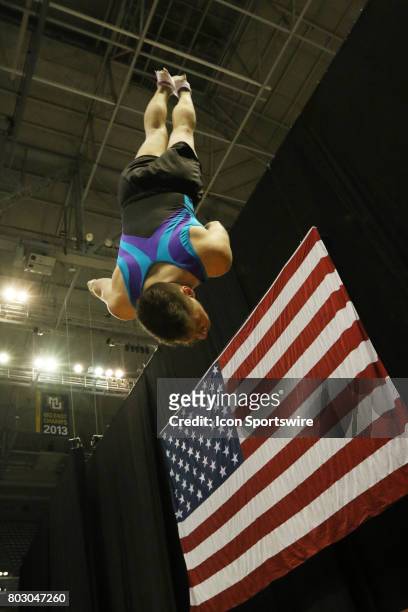 Alex Renkert makes his last flip during practice time at the USA Gymnastics Championships on June 28, 2017 at the BMO Harris Bradley Center in...