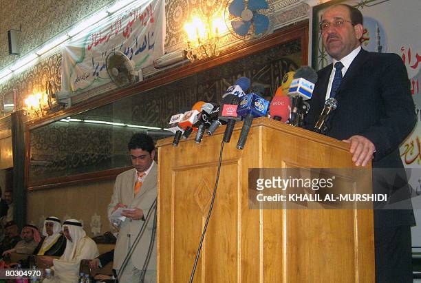 Iraqi Prime Minister Nuri al-Maliki speaks at Abu Hanifa al-Numaan Sunni mosque in Baghdad's al-Adhamiyah district on March 19, 2008. Maliki visited...