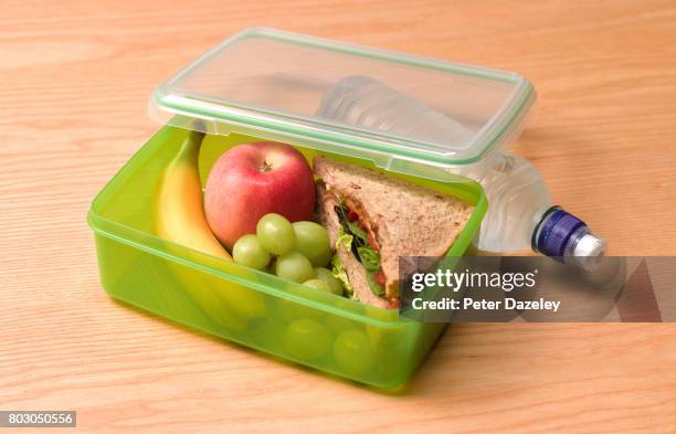 organic healthy 5 a day lunch box - packed lunch stock pictures, royalty-free photos & images