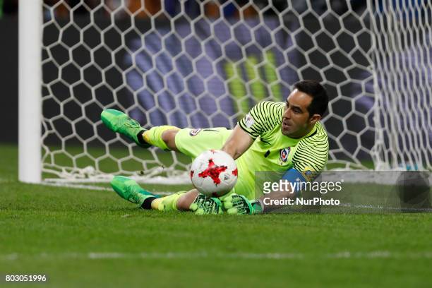 Claudio Bravo of Chile national team saves a penalty shot during FIFA Confederations Cup Russia 2017 semi-final match between Portugal and Chile at...