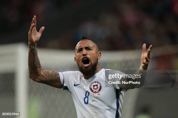 Arturo Vidal of the Chile national football team celebrates after the 2017 FIFA Confederations Cup match, semi-finals between Portugal and Chile at...