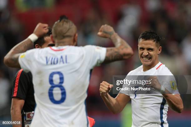 Alexis Sanchez of the Chile national football team celebrates after the 2017 FIFA Confederations Cup match, semi-finals between Portugal and Chile at...