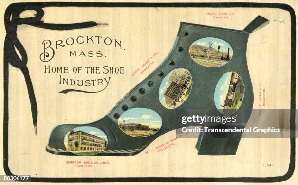 Advertisement for the town of Brockton, Massachusetts, which touts its status as "Home of the Shoe Industry" and depicts a profile of lace-up boot...