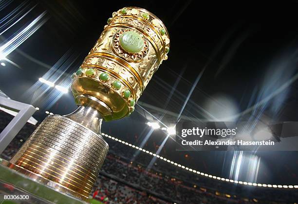 The DFB Cup is seen prior to the DFB Cup semi final match between Bayern Munich and VfL Wolfsburg at the Allianz Arena on March 19, in Munich,...