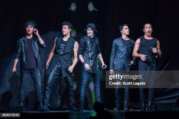 Joel Pimentel, Zabdiel De Jesus, Christopher Velez, Erick Brian Colon and Richard Camacho of CNCO performs at The Palace of Auburn Hills on June 28,...