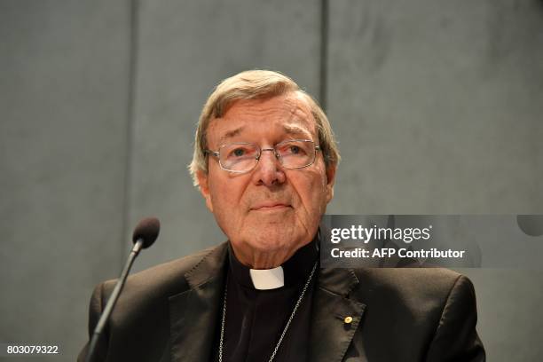 Australian Cardinal George Pell makes a statement at the Holy See Press Office, Vatican city on June 29, 2017 after being charged with historical sex...