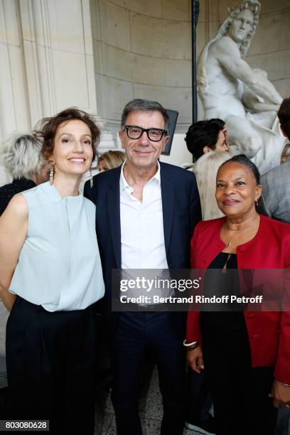 Politician Audrey Azoulay, President of Centre Pompidou Serge Lasvignes and Politician Christiane Taubira attend Artistic Director of Lanvin, Bouchra...