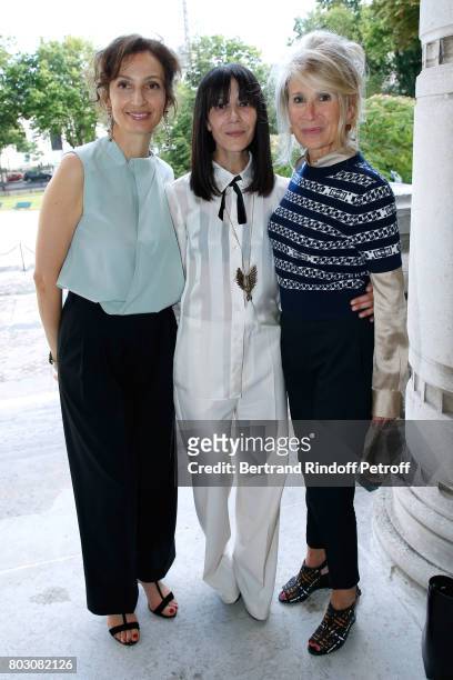 Politician Audrey Azoulay, Bouchra Jarrar and Managing editor at Madame Figaro Anne-Florence Schmitt attend Artistic Director of Lanvin, Bouchra...