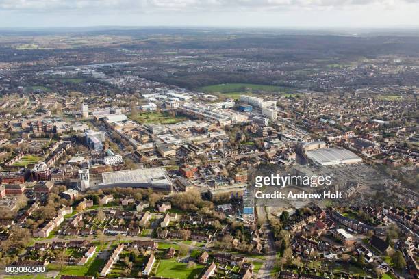 aerial photography view east of crawley, rh10 1ff, uk. - crawley - west sussex stock pictures, royalty-free photos & images