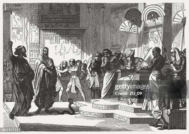 aaron’s staff becomes a snake (exodus 7, 10), published 1886 - chair of moses stock illustrations