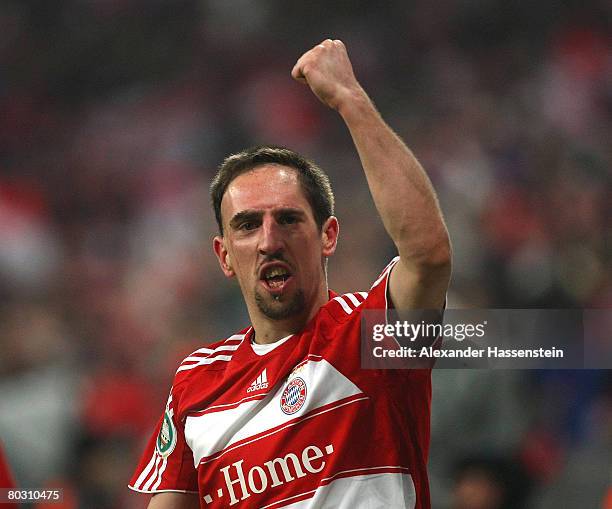 Franck Ribery of Munich celebrates scoring the first goal during the DFB Cup semi final match between Bayern Munich and VfL Wolfsburg at the Allianz...