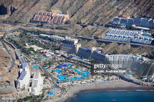 aerial photography view of taurito and lago taurito parque acuático, gran canaria. canary islands, spain. - acuático stock pictures, royalty-free photos & images