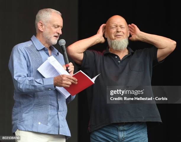 Jeremy Corbyn and Michael Eavis attend day 3 of the Glastonbury Festival 2017 at Worthy Farm, Pilton on June 24, 2017 in Glastonbury, England.