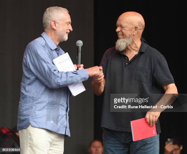 Jeremy Corbyn and Michael Eavis attend day 3 of the Glastonbury Festival 2017 at Worthy Farm, Pilton on June 24, 2017 in Glastonbury, England.