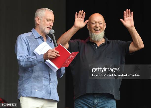 Jeremy Corbyn and Michael Eavis attend day 3 of the Glastonbury Festival 2017 at Worthy Farm, Pilton on June 24, 2017 in Glastonbury, England.