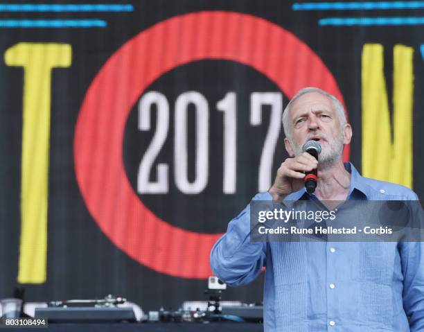 Jeremy Corbyn attends day 3 of the Glastonbury Festival 2017 at Worthy Farm, Pilton on June 24, 2017 in Glastonbury, England.