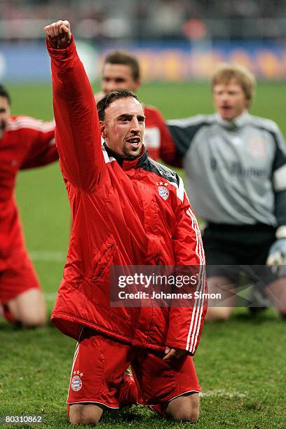 Franck Ribery of Bayern Munich celebrates after the DFB Cup Semi Final match between FC Bayern Munich and VfL Wolfsburg at the Allianz Arena on March...