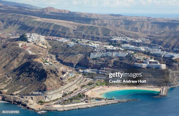 aerial photography view east of taurito and lago taurito parque acuático, gran canaria. canary islands, spain. - acuático stock pictures, royalty-free photos & images