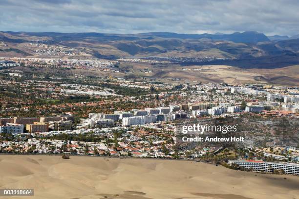 aerial photography view west of dunas de maspolamas and playa del inglés, gran canaria. canary islands, spain. - inglés stock pictures, royalty-free photos & images