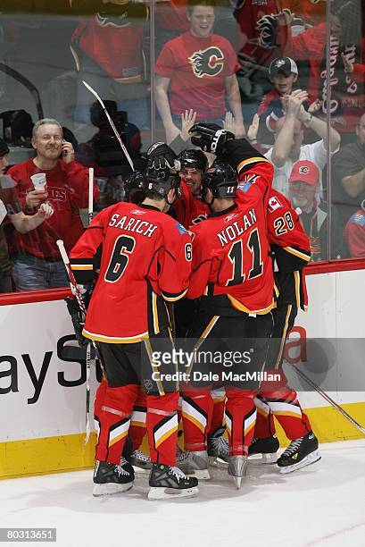 March 7: The Calgary Flames celebrate against the Nashville Predators during their NHL game at the Pengrowth Saddledome on March 7, 2008 in Edmonton,...
