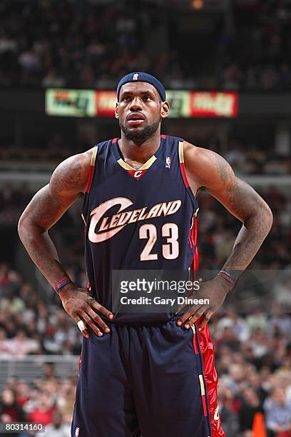 LeBron James of the Cleveland Cavaliers looks on during the NBA game against the Chicago Bulls on March 6, 2008 at the United Center in Chicago,...