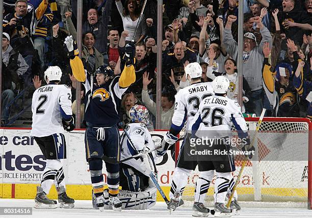 Thomas Vanek of the Buffalo Sabres celebrates Derek Roy's game tying goal against the Tampa Bay Lightning on March 19, 2008 at HSBC Arena in Buffalo,...