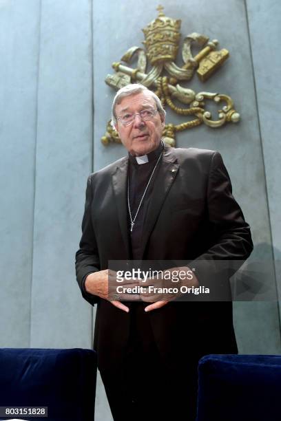 Australian Cardinal George Pell arrives at the Holy See Press Room for a press conference on June 29, 2017 in Vatican City, Vatican. Former...