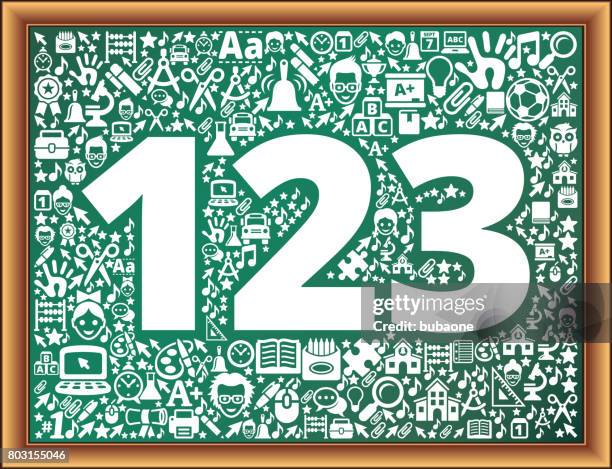 123 school and education vector icons on chalkboard - elementary student on computer stock illustrations