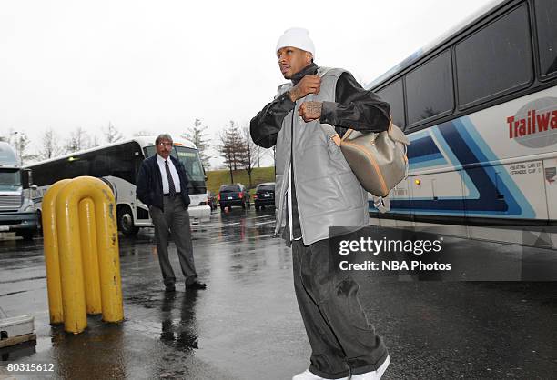 Allen Iverson of the Denver Nuggets arrives at the stadium before the game against the Philadelphia 76ers on March 19, 2008 at the Wachovia Center in...