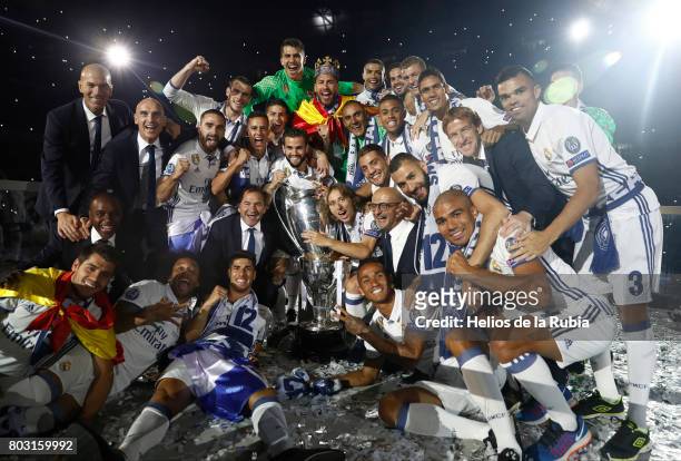 Real Madrid football players Cristiano Ronaldo, Pepe, Isco, Zidane, Modric, Keylor Navas, Isco Alarcon, Sergio Ramos, Casemiro celebrate during the...