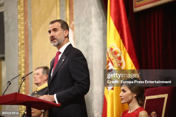 King Felipe of Spain and Queen Letizia of Spain attend the 40th legislative elections anniversary at Spanish parliament on June 28, 2017 in Madrid,...