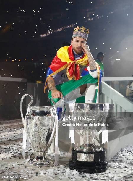 Sergio Ramos celebrates during the Real Madrid celebration the day after winning the 12th UEFA Champions League Final at Santiago Bernabeu stadium on...