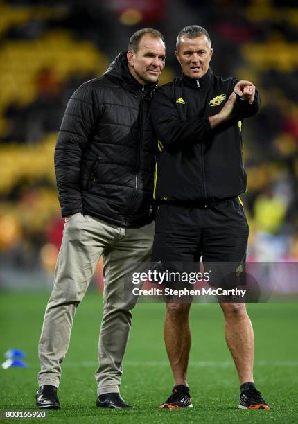 Wellington , New Zealand - 27 June 2017; Hurricanes assistant coach John Plumtree, left, and technical coach Richard Watt during the match between...