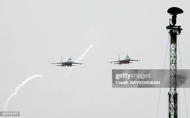 Indian Fighter aircraft MiG 27's perform tagreted bombing during joint Army and Air Force exercises entitled 'Brazen Chariots' at Pokharan, In...