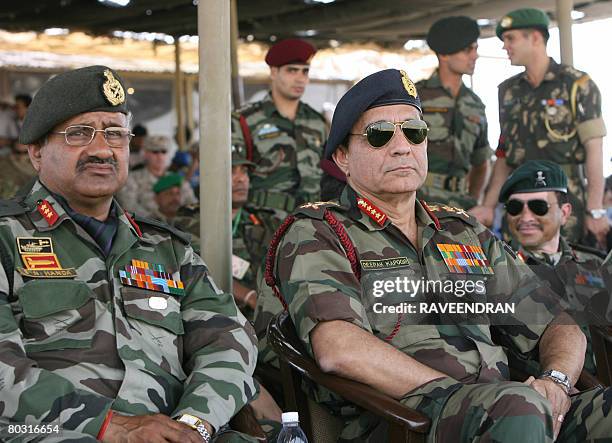 Chief of Indian Army Staff General Deepak Kapoor and General N. Nanda look on during joint Army and Air Force exercises entitled 'Brazen Chariots' at...