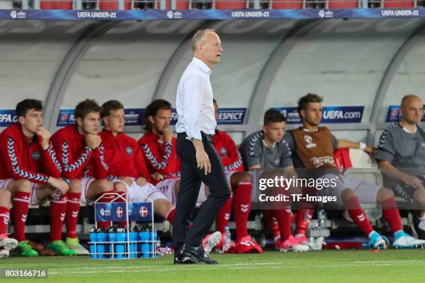 Coach Niels Frederiksen of Denmark looks on during the UEFA European Under-21 Championship Group C match between Germany and Denmark at Krakow...