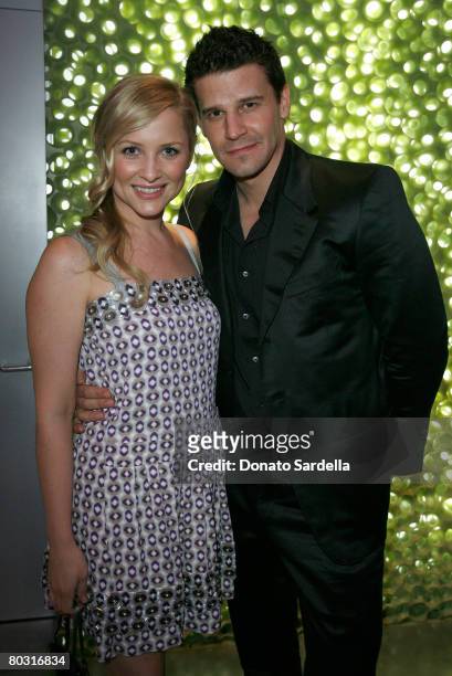 Actress Jessica Capshaw,wearing Miu Miu and actor David Boreanaz attend the Los Angeles screening of "Trembled Blossoms" presented by Prada on March...
