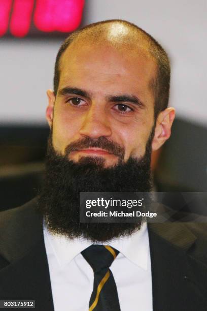 Bachar Houli of the Richmond Tigers reacts after receiving a four week suspension at the AFL Appeals trial at AFL House on June 29, 2017 in...