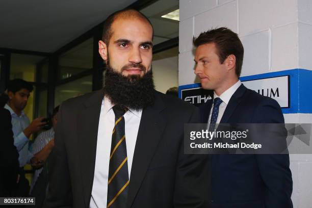Bachar Houli of the Richmond Tigers leaves after receiving a four week suspension at the AFL Appeals trial at AFL House on June 29, 2017 in...