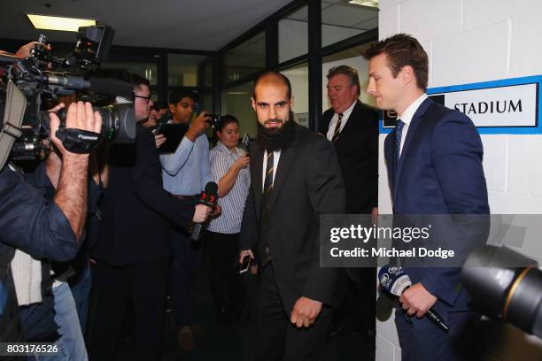 Bachar Houli of the Richmond Tigers leaves after receiving a four week suspension at the AFL Appeals trial at AFL House on June 29, 2017 in...