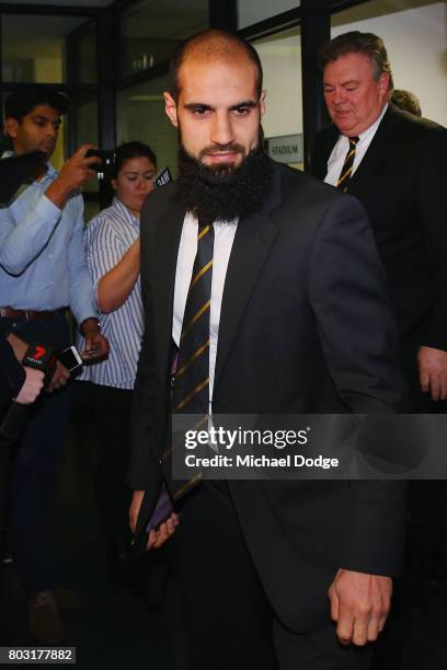 Bachar Houli of the Richmond Tigers leaves after receiving a four week suspension at the AFL Appeals trial at AFL House on June 29, 2017 in...